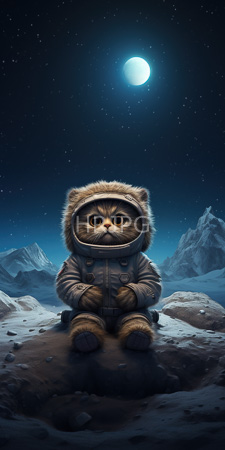 High Resolution: Adorable fluffy cat wearing a fur-trimmed space suit with large paws and wide eyes sitting on rocky terrain download. | HRJPG.com
