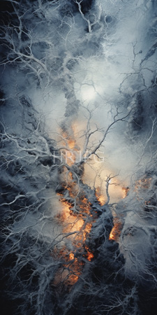 High Resolution: Aerial forest fire showcasing dense smoke and charred tree branches intertwining against a dark sky background with bright orange flames download. | HRJPG.com