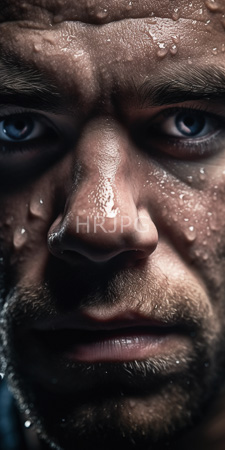 High Resolution: Intense sweaty-faced man with blue eyes and dark brown skin tone; water droplets on his forehead nose cheeks beard stubble download. | HRJPG.com