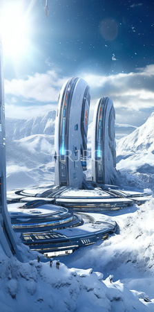 High Resolution: Futuristic cylindrical structures with glowing blue lights and sleek designs on snowy mountain terrain download. | HRJPG.com