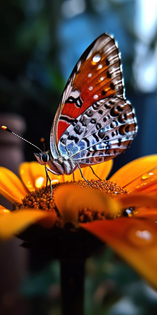 High Resolution: Intricately patterned butterfly with red black and blue wings perched on vibrant orange flowers in sharp focus download. | HRJPG.com