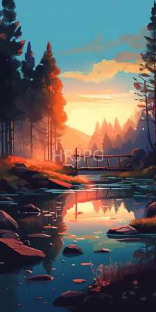 High Resolution: Serene forest landscape at sunset featuring tall pine trees with warm orange and red sunlight filtering through them onto reflective water download. | HRJPG.com