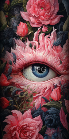 High Resolution: Intricately detailed realistic blue eye centered among vibrant pink and red roses with green leaves on dark background download. | HRJPG.com