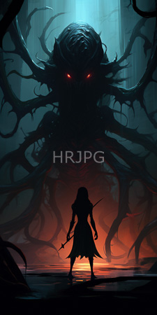 High Resolution: Ominous scene with dark shadowy tentacles emerging from behind towering trees under dim blue light download. | HRJPG.com