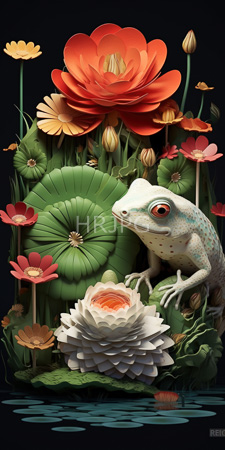 High Resolution: Intricately detailed white gecko with red eyes perched on green lily pads amidst vibrant flowers and leaves download. | HRJPG.com