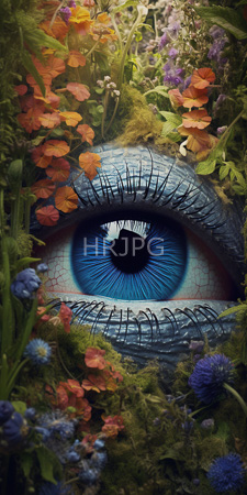 High Resolution: Eye with vivid blue iris detailed black lashes and fine skin texture surrounded by colorful wildflowers—orange poppies purple thistles—and green moss download. | HRJPG.com