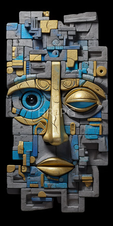 High Resolution: Abstract three-dimensional sculpture depicting a face composed entirely from geometric shapes and fragments in gray stone with gold accents download. | HRJPG.com