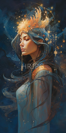 High Resolution: Ethereal woman with long flowing blue hair and closed eyes against a starry night sky background download. | HRJPG.com