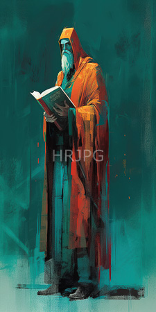 High Resolution: Elderly bearded man with white hair wearing a large orange hooded robe and dark pants standing against a teal background while reading from an open book download. | HRJPG.com