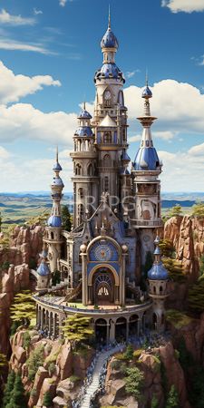 High Resolution: Elaborate medieval-style castle with multiple silver-domed towers and intricate architecture perched on rocky cliffs download. | HRJPG.com