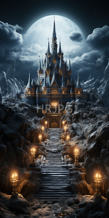 High Resolution: Eerie gothic-style castle with multiple spires and glowing windows under a full moon in cloudy night sky download. | HRJPG.com