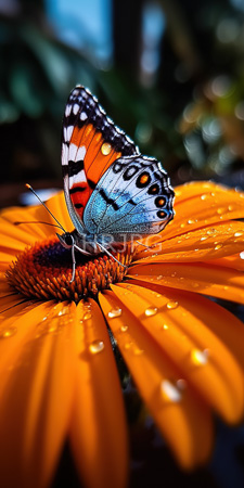 High Resolution: Orange butterfly with black white and blue patterned wings perched on vibrant yellow-orange petals adorned with dewdrops download. | HRJPG.com