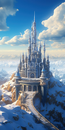 High Resolution: Elaborate snow-covered fantasy castle with multiple spires and turrets on rocky terrain under bright blue sky download. | HRJPG.com