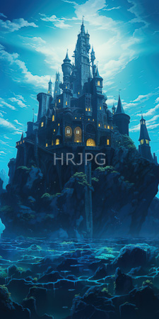 High Resolution: Imposing gothic-style castle with intricate spires and glowing yellow windows perched on rocky cliffs under a vibrant blue sky download. | HRJPG.com