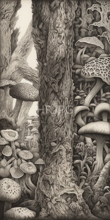 High Resolution: Intricate monochromatic pencil drawing depicting dense forest scenery with detailed textures of twisted tree trunks and various mushrooms download. | HRJPG.com