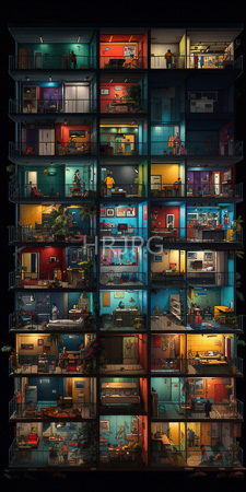 High Resolution: Illuminated multi-story apartment building at night viewed from outside with all windows open and lit up in various colors download. | HRJPG.com