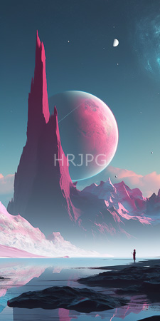 High Resolution: Alien landscape with towering pink-illuminated mountains and reflective water in foreground download. | HRJPG.com