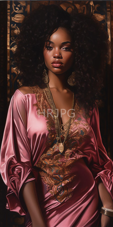 High Resolution: African-American woman with dark curly hair and medium brown skin wearing a pink satin robe adorned with intricate gold embroidery download. | HRJPG.com