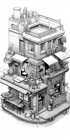 High Resolution: Intricate black-and-white drawing of a multi-story rectangular building resembling a small restaurant or café complex download. | HRJPG.com