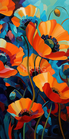 High Resolution: Abstract painting featuring vibrant orange poppies with dark blue centers set against a rich background of deep blues and greens download. | HRJPG.com