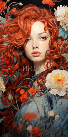 High Resolution: Ethereal young woman with flowing wavy red hair surrounded by vibrant flowers including poppies and peonies in shades of orange white pink download. | HRJPG.com