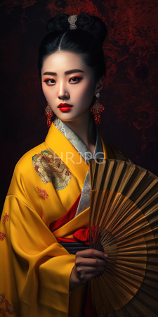 High Resolution: East Asian woman with pale skin black hair in an elegant bun adorned by red and silver jewelry wearing vibrant yellow kimono download. | HRJPG.com