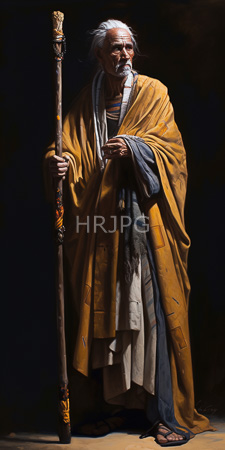 High Resolution: Elderly wise-looking man with white hair and beard standing against dark background holding ornate wooden staff download. | HRJPG.com