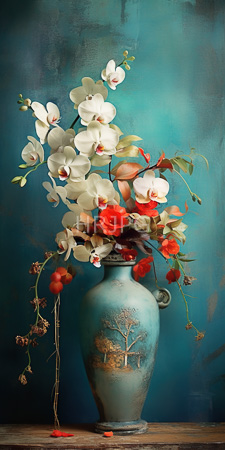 High Resolution: Elegant floral arrangement in a turquoise ceramic vase with tree motif set against a textured teal background download. | HRJPG.com