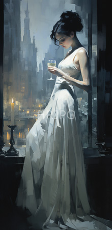 High Resolution: Elegant slender woman with pale skin and dark hair in an updo wearing a flowing white gown holding a glass of wine by a window at night download. | HRJPG.com