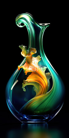 High Resolution: Intricately designed glass vase with swirling colorful patterns in green and orange hues resembling flowing water or fabric download. | HRJPG.com