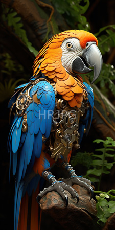 High Resolution: Intricately designed lifelike sculpture featuring a vibrant blue and orange macaw with detailed metallic armor on its chest download. | HRJPG.com