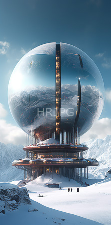 High Resolution: Enormous spherical futuristic structure with reflective glass surface and vertical golden-lit core on snowy mountain peak download. | HRJPG.com