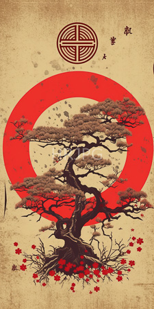 High Resolution: Intricate black-inked bonsai tree with twisted branches and sparse foliage set against a large red circle on beige parchment-like background download. | HRJPG.com