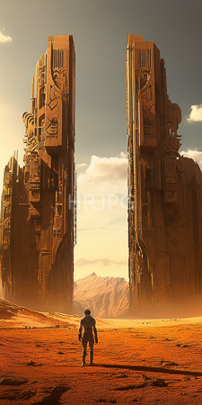 High Resolution: Astronaut in white gear walking towards two massive intricately carved stone towers with ancient symbols on them download. | HRJPG.com