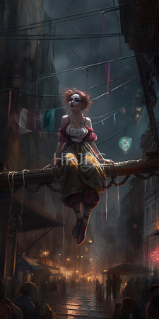 High Resolution: Eerie steampunk-style street at night featuring a pale-skinned woman with red curly hair and freckles sitting on a suspended wooden beam download. | HRJPG.com