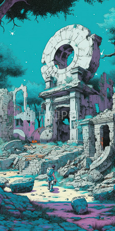 High Resolution: Anime style drawing depicting ruins of ancient stone structures under turquoise sky with scattered stars and dark trees overhead download. | HRJPG.com