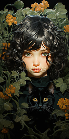 High Resolution: Ethereal young woman with curly black hair green eyes and fair skin surrounded by orange flowers and lush leaves download. | HRJPG.com