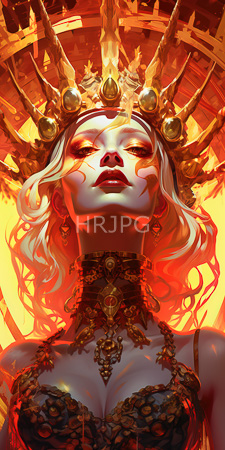 High Resolution: Ethereal pale-skinned woman with flowing white hair and glowing red eyes wearing ornate golden crown adorned with spikes download. | HRJPG.com