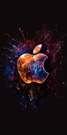 High Resolution: Illuminated golden apple with vibrant orange and blue hues splattered against a black background by colorful paint-like textures download. | HRJPG.com