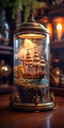High Resolution: Intricately detailed vintage-style model ship with tall sails and rigging inside a clear glass dome on wooden table download. | HRJPG.com