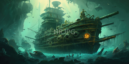 High Resolution: Ancient rusted ship with intricate mechanical details and glowing circular lights floating in murky green water download. | HRJPG.com