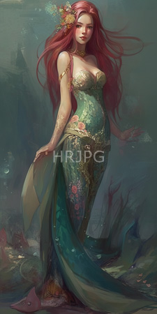 High Resolution: Ethereal pregnant mermaid with long red hair adorned by colorful flowers and green eyes download. | HRJPG.com