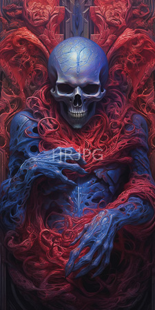 High Resolution: Eerie blue-skinned humanoid skeleton with intricate red and purple tentacle-like appendages wrapping around its torso download. | HRJPG.com