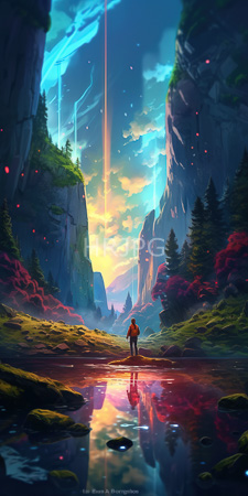 High Resolution: Adventurer in red jacket and black pants standing by reflective water pool surrounded by towering cliffs with greenery download. | HRJPG.com