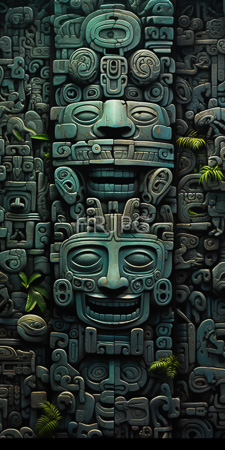 High Resolution: Intricately carved stone wall featuring three large symmetrical Mayan-style masks in teal-green hues download. | HRJPG.com