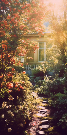 High Resolution: Idyllic garden bathed in warm golden sunlight featuring vibrant red and orange roses blooming on lush green bushes download. | HRJPG.com