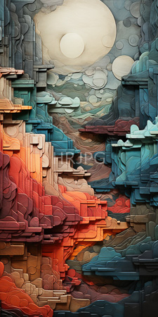 High Resolution: Abstract digital artwork depicting layered geometric rock formations in vibrant colors and soft textures resembling clouds download. | HRJPG.com