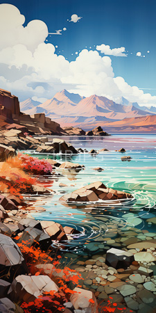 High Resolution: Alpine lake scene with vibrant colors and sharp contrasts featuring rocky shoreline adorned by bright orange foliage download. | HRJPG.com
