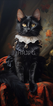 High Resolution: Elegant black cat with yellow eyes wearing intricate lace and ruffled dark clothing adorned by small bells download. | HRJPG.com