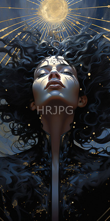 High Resolution: Ethereal woman with dark curly hair and glowing skin lying on her back against a starry night sky background download. | HRJPG.com